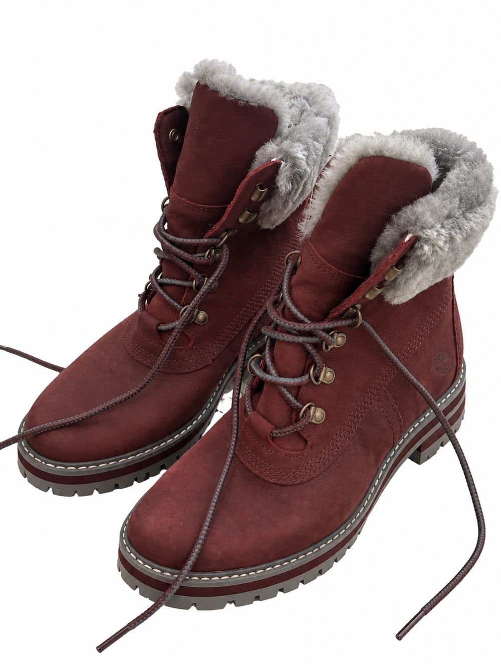 Timberland Women's Burgundy Lace-Up Winter/hiking Boots with Gray Faux-Fur colla